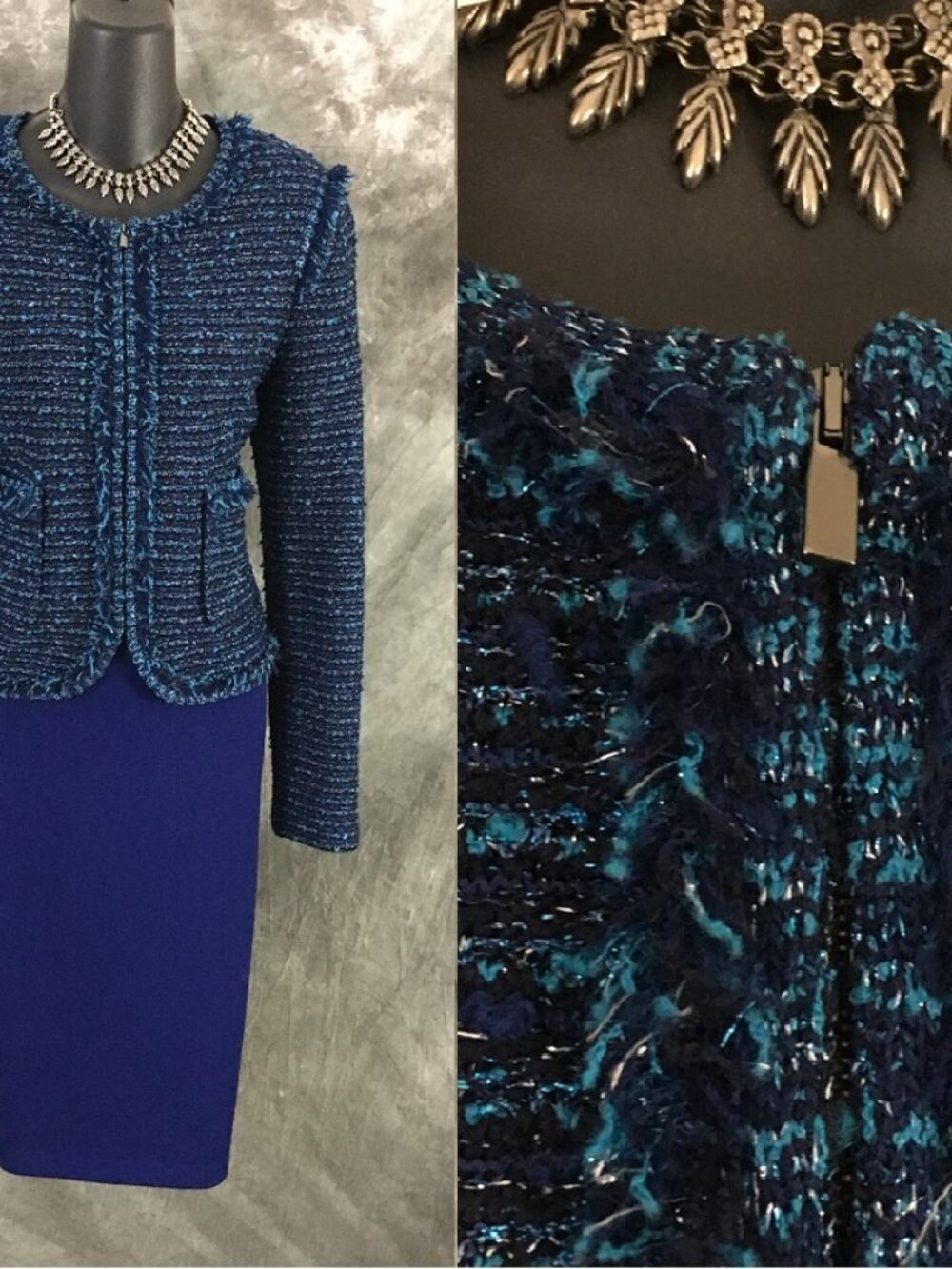 BEAUTIFUL st john knit blue multi fringe jacket skirt suit size 8